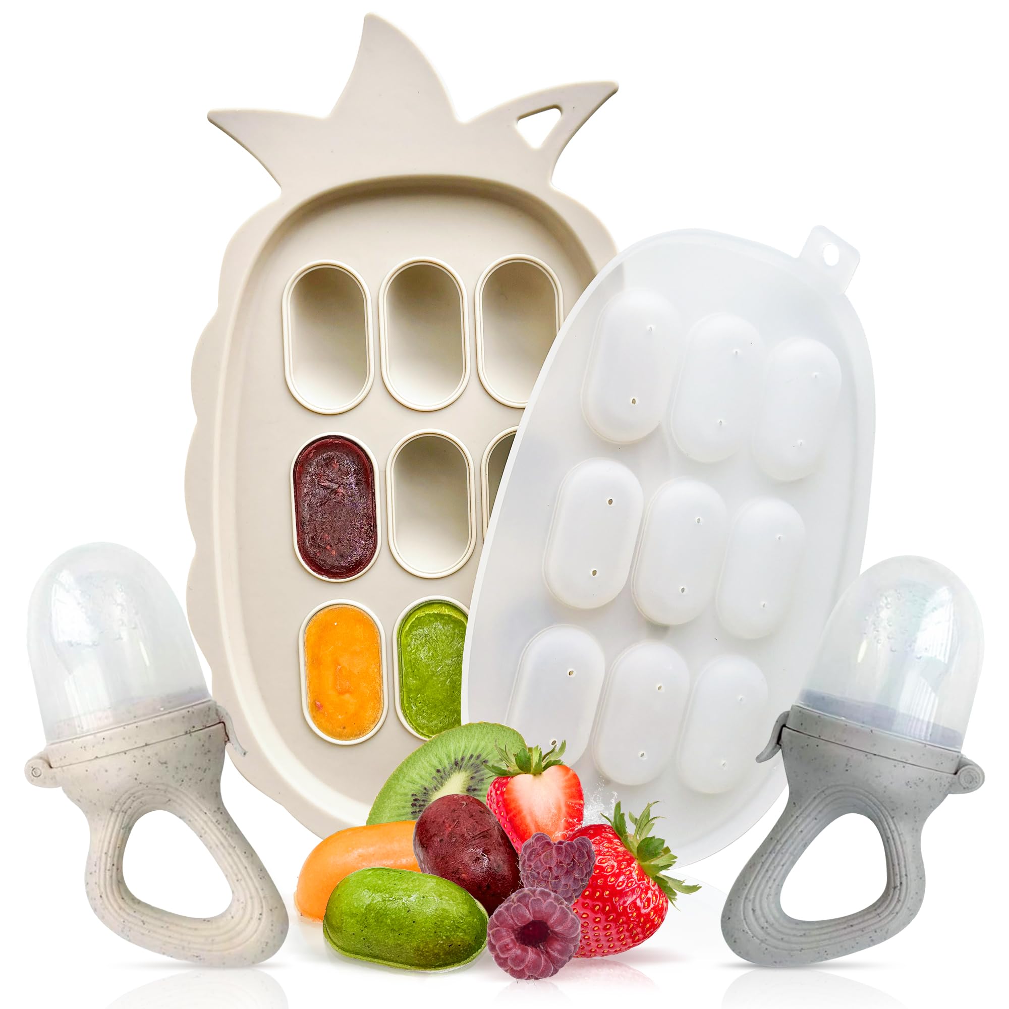 LittleWhispers Baby Fruit Feeder Pacifier with Freezer Tray - Two Silicone Infant Baby Food Feeders with Breastmilk Popsicle Molds Included - 3 Piece