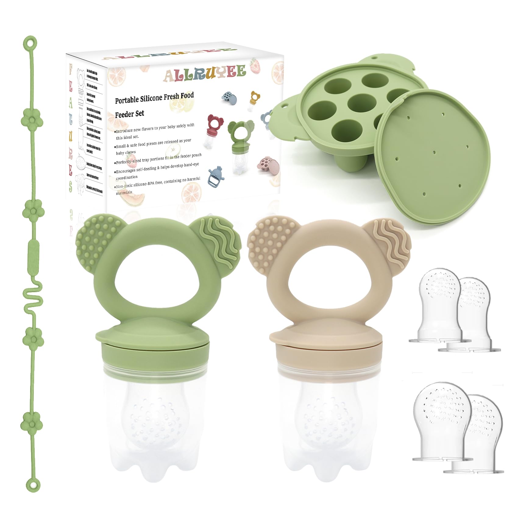 Allruyee Baby Fruit Feeder & Mini Freezer Tray Combo Breastmilk Popsicle Mold Fresh Food Feeder for Safe Infant Self-Feeding Teething Relief Extra Food Pouches(Green and Beige)