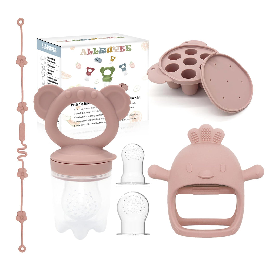 Allruyee Baby Fruit Feeder & Mini Freezer Tray Combo - Baby Teether Breastmilk Popsicle Molds for Teething Relief Fresh Food Feeder for Safe Infant Self-Feeding Extra Food Pouches(Pink)