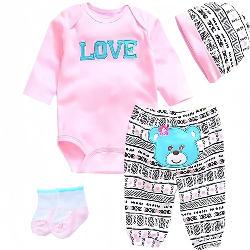 Reborn Baby Dolls Clothes Accessories Pink Outfit for 17-22 Inch Reborn Newborn Baby Clothing Set 【Super Cute Bear Love 4pcs Set 】