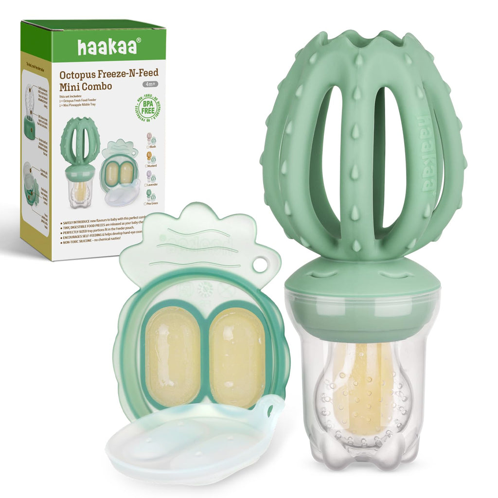 Haakaa Octopus Baby Fruit Food Feeder & Mini Freezer Nibble Tray Combo Breastmilk Popsicle Molds for Cooling Relief BPA Free Silicone Feeder for Safe Infant Self Feeding 4 Month+(Pea Green)