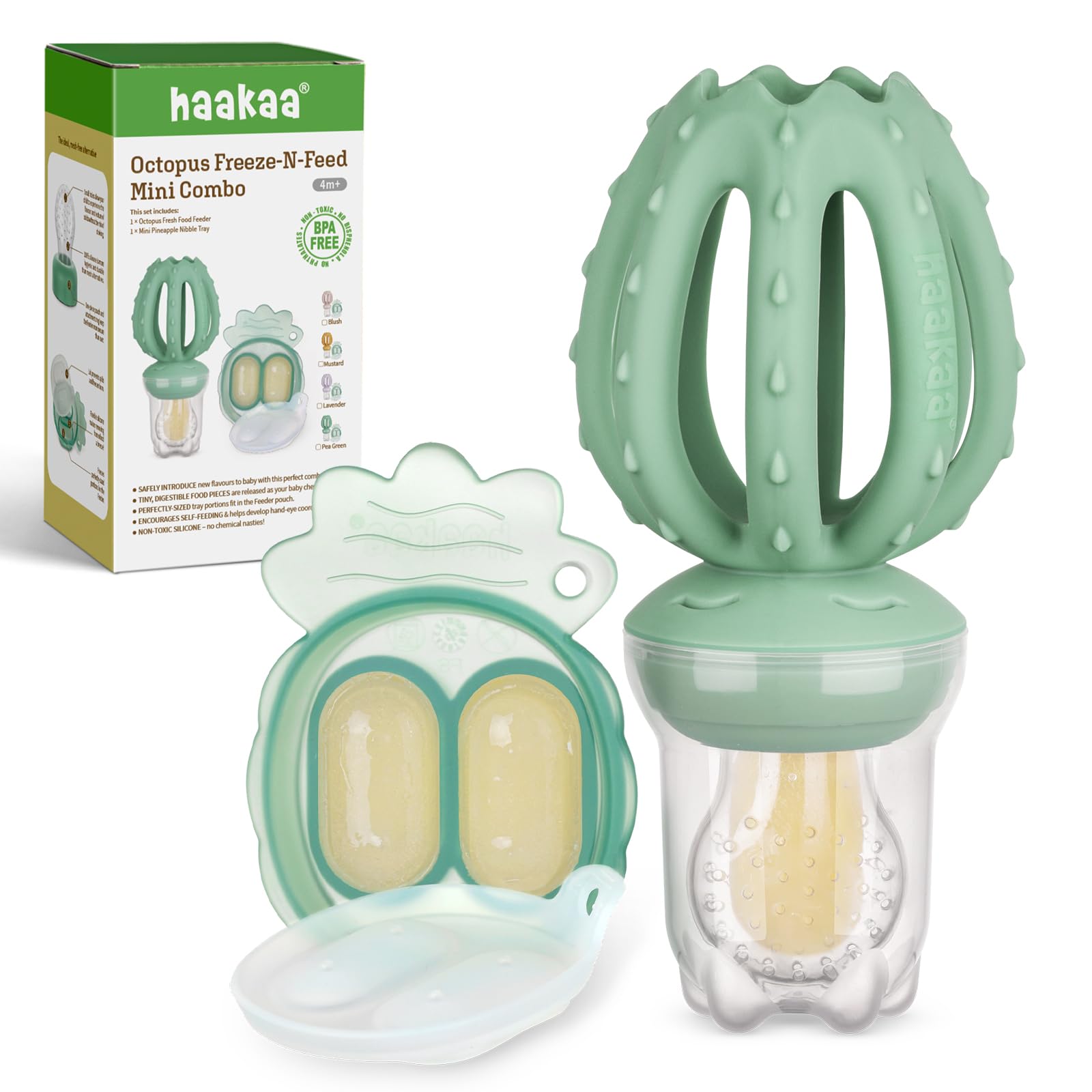 Haakaa Octopus Baby Fruit Food Feeder & Mini Freezer Nibble Tray Combo Breastmilk Popsicle Molds for Cooling Relief BPA Free Silicone Feeder for Safe Infant Self Feeding 4 Month+(Pea Green)
