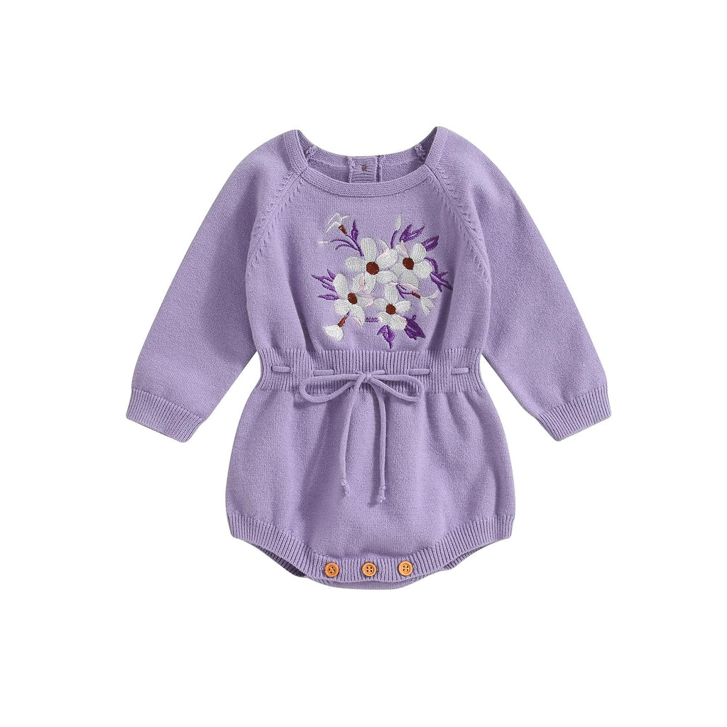 ZAXARRA Baby Girl Sweater Romper Baby Girl Knit Sweater Embroidery Flower Sweatshirt Romper Infant Fall Clothes (Purple 12-18 Months)