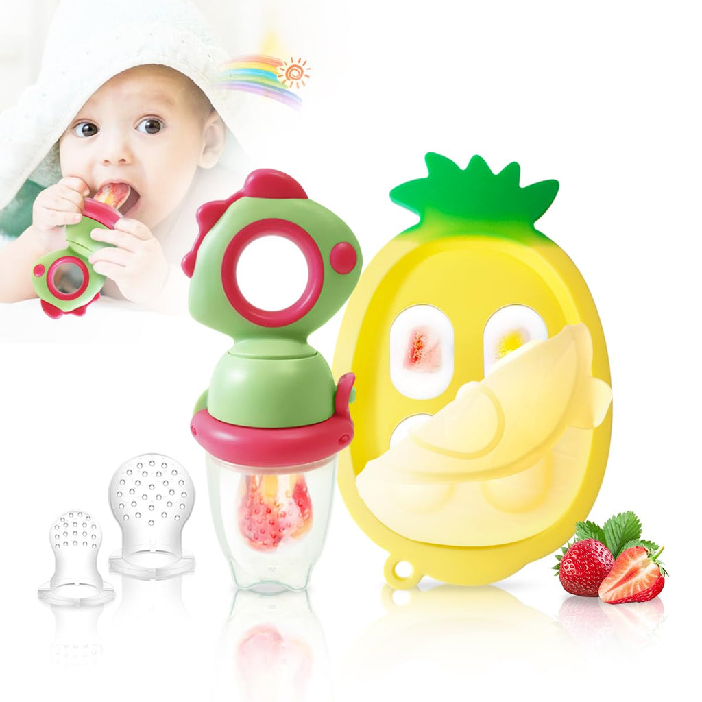 HAOBAOBEI Baby Fruit Food Feeder - Silicone Nibble Tray Combo - Breastmilk Popsicle Mold for Baby Cooling Relief BPA Free Baby Mesh Feeder for Infant Self Feeding (Dinosaur Green + Pineapple)