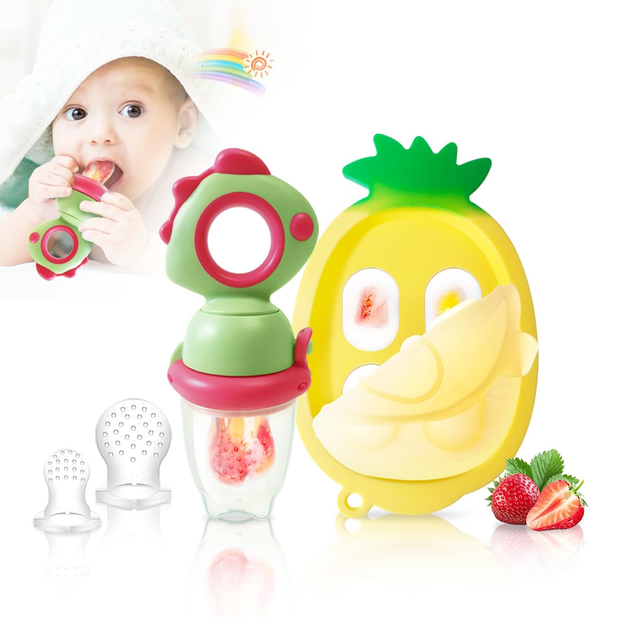 HAOBAOBEI Baby Fruit Food Feeder - Silicone Nibble Tray Combo - Breastmilk Popsicle Mold for Baby Cooling Relief BPA Free Baby Mesh Feeder for Infant Self Feeding (Dinosaur Green + Pineapple)
