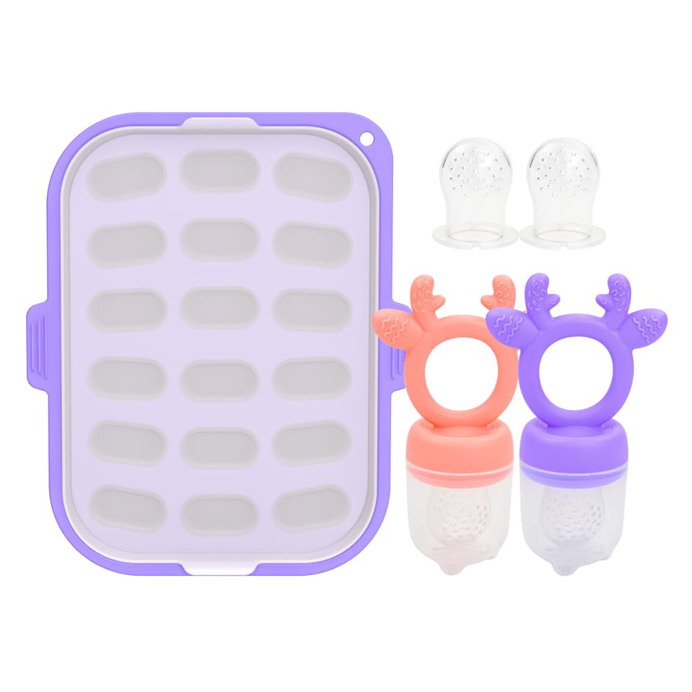 Morlike Silicone Baby Fruit Food Feeder & Breastmilk Popsicle Freezer Molds Tray Baby Teething Relief Toys & Infant Self Feeding Storage Containers Set BPA Free (Pink & Purple)