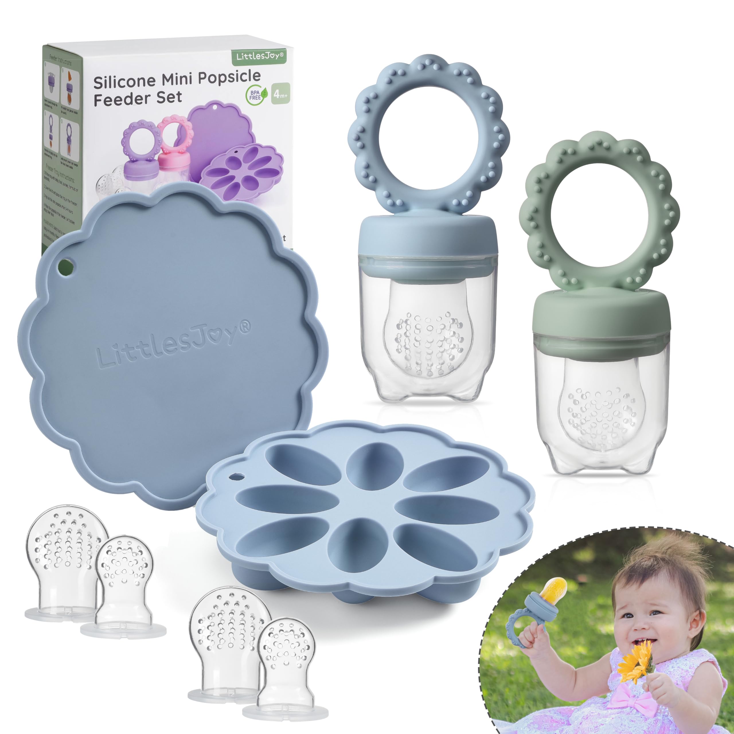 Baby Fruit Food Feeder & Mini Popsicle Ice Tray Set BPA Free Silicone Baby Feeder for Safe Solid Food Feeding Breastmilk Popsicle Molds for Cooling Relief 4 Month+ (Spring)