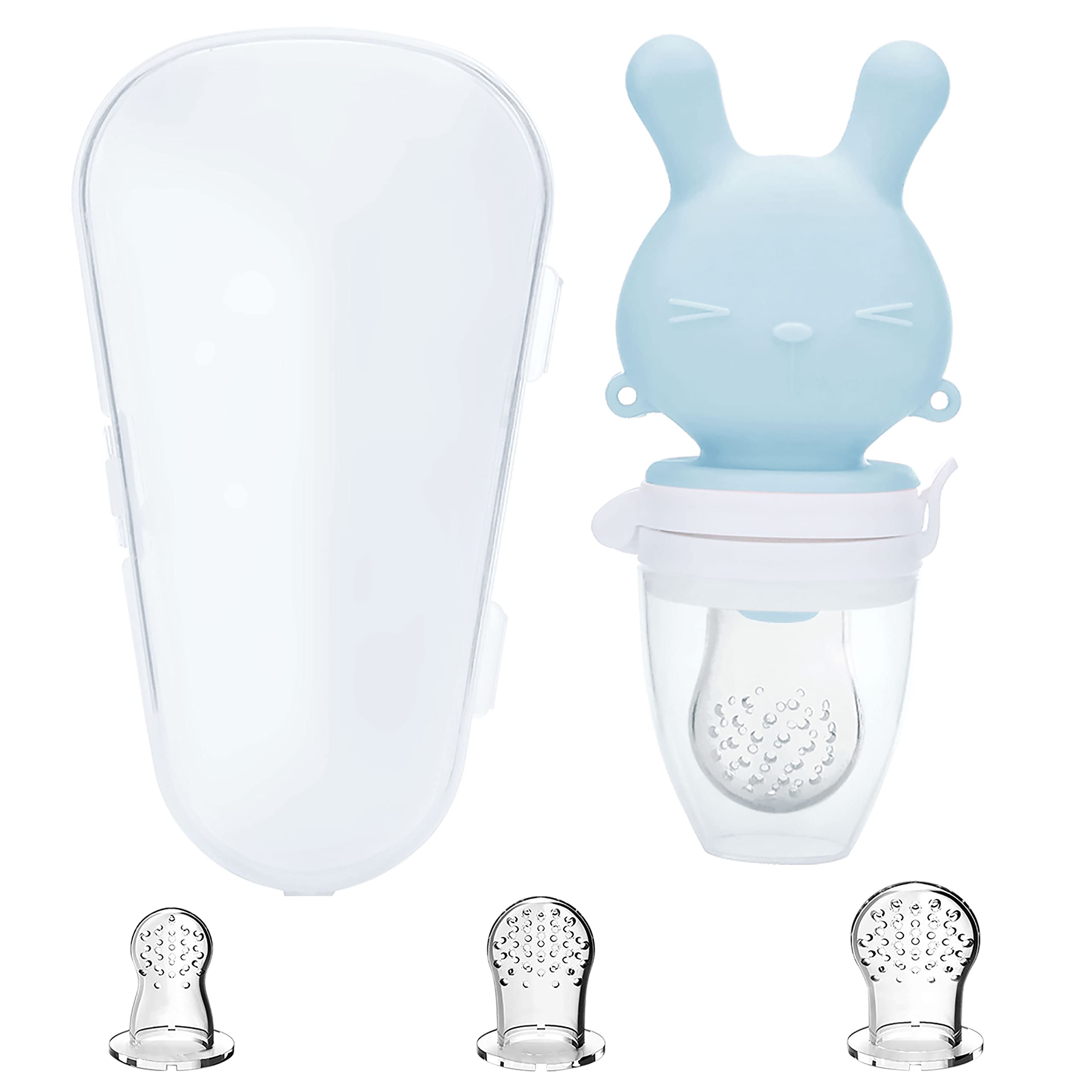Cosermart Baby Fruit Food Feeder Pacifier- Soft Silicone Mesh Teether Infant Breastmilk Popsicle Molds for Teething Relief Teething Toys for Babies 6-12-18 Months Blue（Include Extra Storage Case