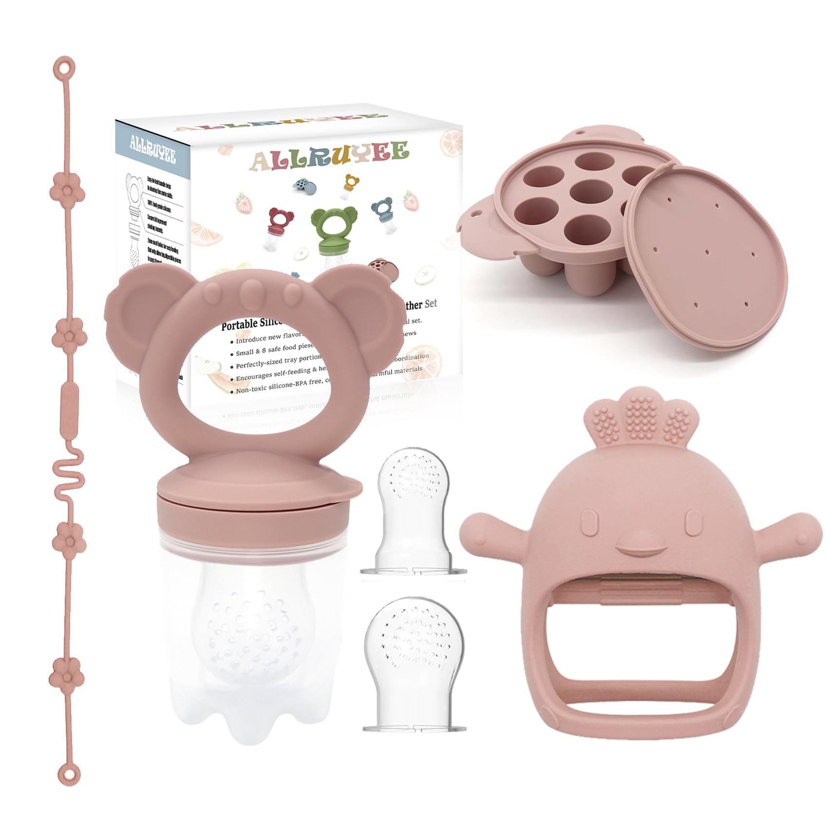 Allruyee Baby Fruit Feeder & Mini Freezer Tray Combo - Baby Teether Breastmilk Popsicle Molds for Teething Relief Fresh Food Feeder for Safe Infant Self-Feeding Extra Food Pouches(Pink)
