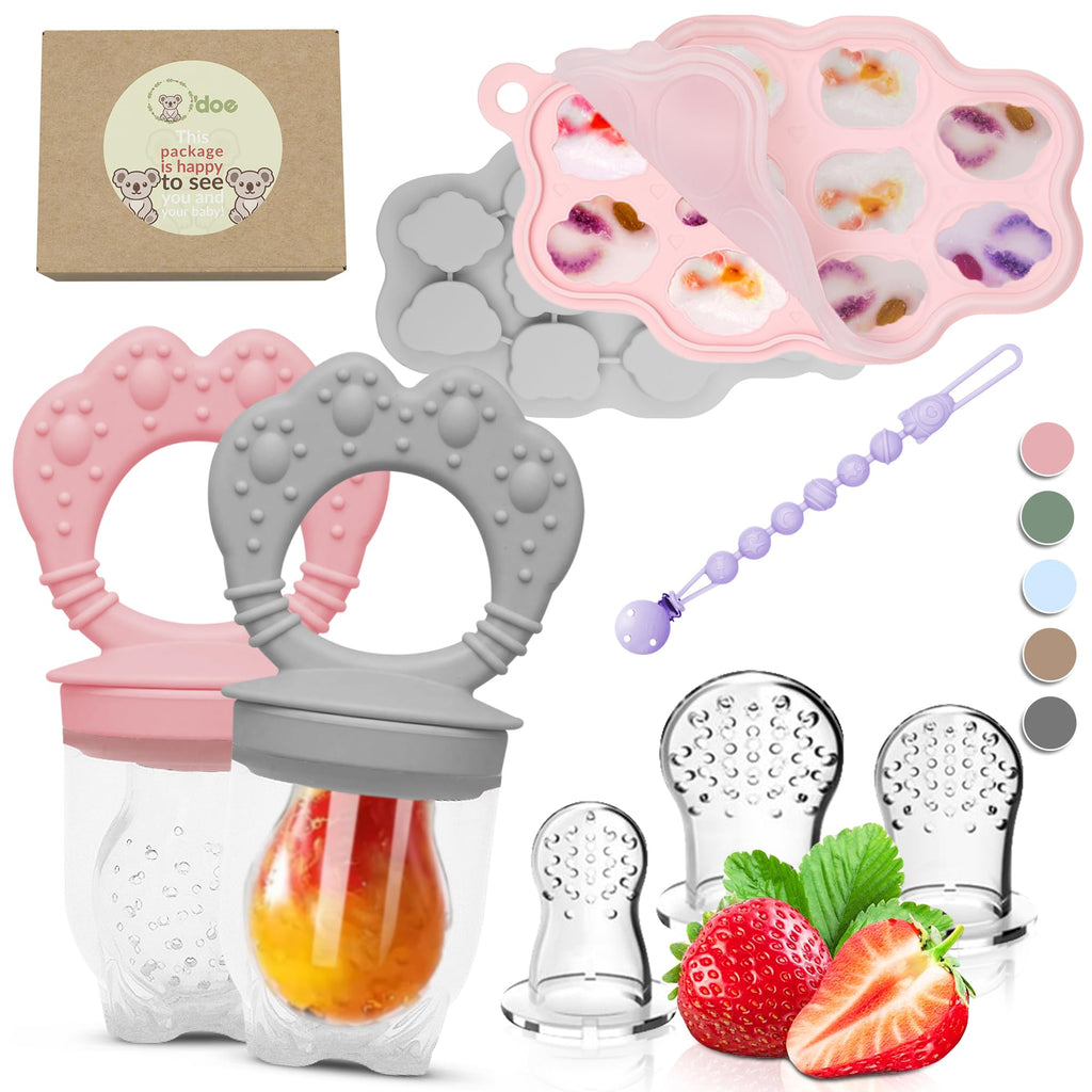 O’doe Silicone Baby Popsicle Molds & Baby Food Feeder with 1 Clip 2 Pack Freezer Tray with Lid 2 Breastmilk Popsicle Molds for Teething Relief BPA Free Includes 3 Extra Teething Pacifiers & Toys