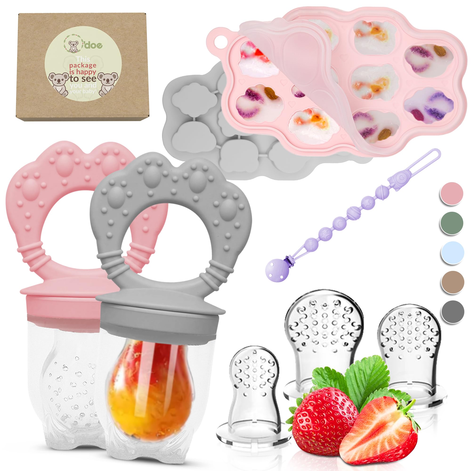 O’doe Silicone Baby Popsicle Molds & Baby Food Feeder with 1 Clip 2 Pack Freezer Tray with Lid 2 Breastmilk Popsicle Molds for Teething Relief BPA Free Includes 3 Extra Teething Pacifiers & Toys